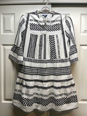 MUKUL Black & White Geometric Print Tiered Cotton Dress - Size M